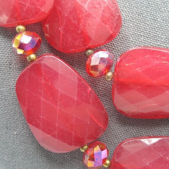 Red Large Bead Red Crystal Statement Necklace, Two Strands, 19 Inches - Picture 5 of 9